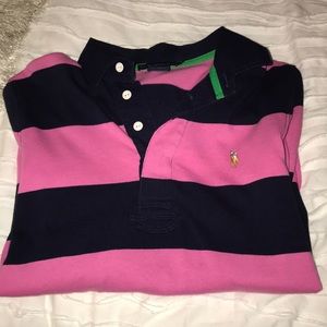Navy blue and pink stripped rugby shirt